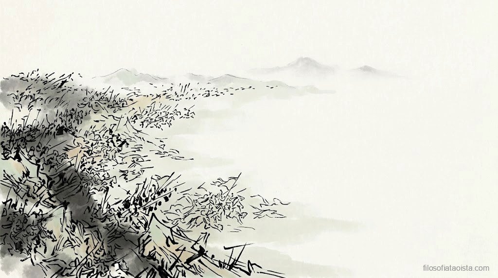 Ilustración en tinta china y acuarela: trazos densos y dinámicos en el lado izquierdo sugieren el caos de ejércitos en movimiento, que se disuelven gradualmente hacia un espacio abierto y silencioso de montañas lejanas. El tumulto y la calma coexisten en una misma imagen.
