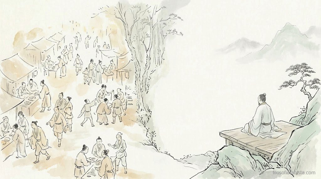 Ilustración en tinta china y acuarela: escena dividida en dos mitades. A la izquierda, un mercado animado con figuras en movimiento bajo techos de época. A la derecha, una figura solitaria sentada en silencio sobre una roca, junto a un pino, mirando hacia las montañas. La agitación del mundo y la quietud del sabio, en un mismo instante.