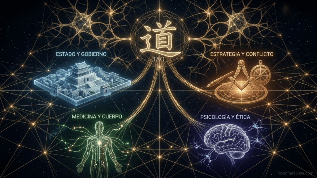 Un diagrama conceptual donde el carácter del Tao (道) actúa como un núcleo central del que brotan conexiones neuronales doradas. Estas redes se ramifican hacia cuatro áreas: política (palacio), estrategia (brújula y mapa), medicina (figura humana con puntos de energía) y psicología (un cerebro), mostrando la aplicabilidad del Tao a todas las disciplinas.